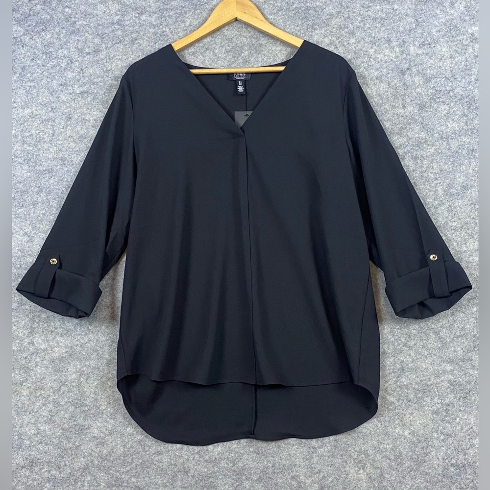 Jones New York NEW NWT Blouse Size L Black V-neck Roll‎ Tab Sleeves Lightweight